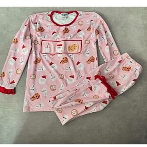 MK Clothing Designs Kids Pajamas Smocked Set Pink Santa Cookies Milk Size 6